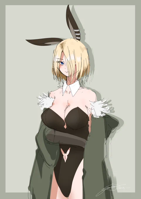 突然金髪ショート碧眼の巨乳のバニーガール+モッズコートのお姉さんを描きたくなり描いてしまう 2マス進む 