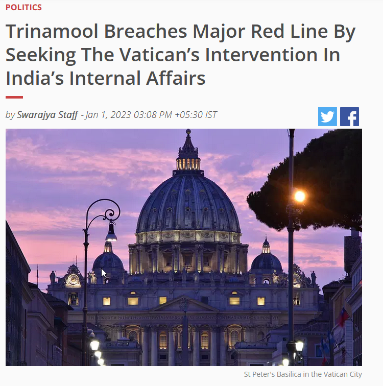 noconversion's tweet photo. TMC , Mamta Didi is seeking intervention of Vatican  in Indian internal affairs..... remind me of Congress leaders when they went o Pakistan to seek help https://t.co/qmJAAgisLe