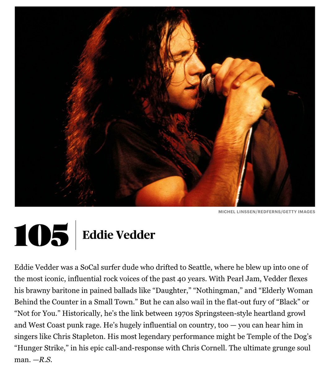 demetriosns's tweet photo. The 200 Greatest Singers of All Time https://t.co/Eim84W9Bim 105?!? 😲 @RollingStone @eddievedder https://t.co/T1Frl0BZnG