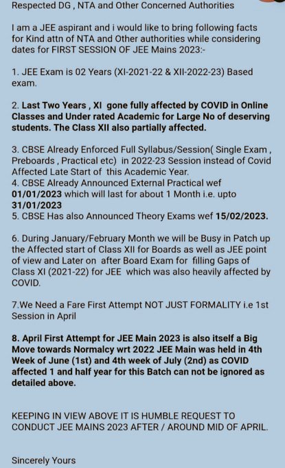 Adityak59467465's tweet photo. #JEEAfterBoards  it's a humble request to please postpone jee main session 1 to April @DG_NTA @EduMinOfIndia @narendramodi @narendramodi please try to understand our condition #JEEMain2023inApril #jeemainsinapril #JEEAfterBoards https://t.co/S36Dy4JCXi
