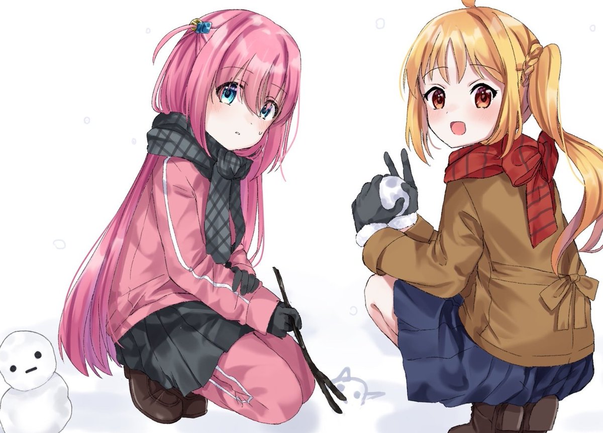 gotou hitori ,ijichi nijika multiple girls cube hair ornament 2girls snowman pink hair pants under skirt scarf  illustration images