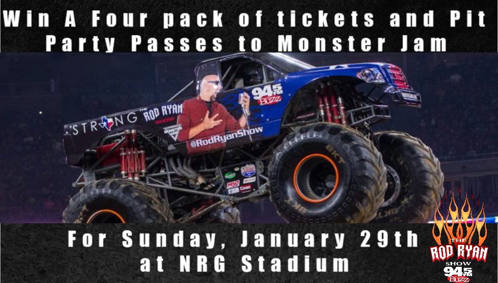 rodryanshow's tweet photo. Here is your chance to win with @945thebuzz and #rodryashow. One lucky person will win a four-pack of @MonsterJam tix with pit passes. For your chance to win, retweet this tweet using #rodryanshowmonstertruck. The winner selection is at 7:40 am. https://t.co/6gv2un9Ttm