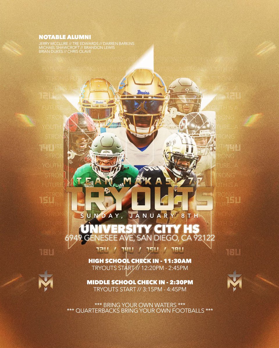 Team Makasi 7v7 tryouts is upcoming this Sunday January 8th. Team Makasi is regarded as one of the top organizations on the west coast. Come be next in line and join the Makasi family. We are having 12u, 14u, 15u, &amp; 18u teams this spring. Come take your game to the next level…..
