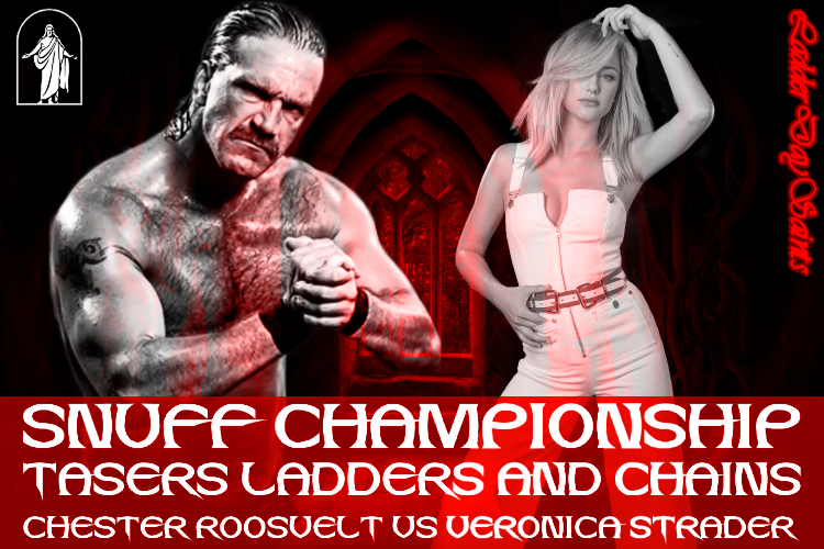 CultWrestle's tweet image. Chester Roosevelt of @ThreeRingBarney defends his newly won SNUFF Championship against @RonnieStrader00 in a Tasers Ladders and Chains Match.