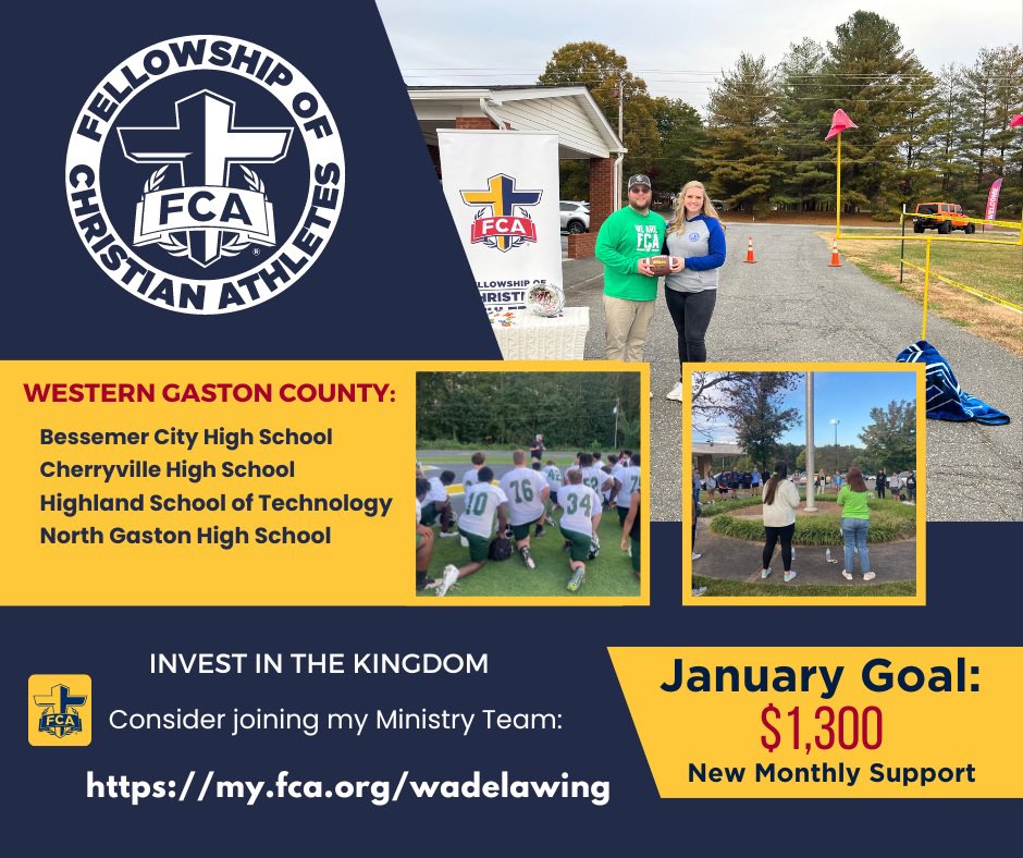 Please invest in the Kingdom for 2023. My ministry with FCA plans to make a gospel impact on the 4 schools listed. My January budget goal is $1,300 in new monthly partnerships. Invest here: my.fca.org/wadelawing