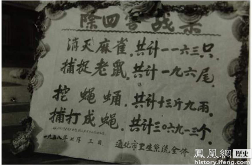 zhu0588's tweet photo. 吉林通化除四害运动老照片(1/2)
1958年2月12日，中共提出要在10年或更短一些的时间内，完成消灭苍蝇、蚊子、老鼠、麻雀的任务（后来将“麻雀”改为“臭虫”）。
 1.除四害战果
2.小学生灭蝇挖蛹
3.捕雀队
4.七无浴池 https://t.co/uqb2sAbqDJ
