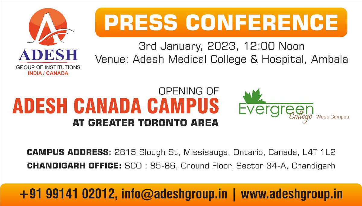 AdeshGroup's tweet photo. All the media persons are cordially invited for Press Conference by Dr Gurpreet Singh Gill, Er Gurfateh Singh Gill &amp; Dr Guntas Singh Gill along with other dignitaries on 3rd January 2023, 11:00 am at Adesh Medical College &amp; Hospital, Mohri for opening of Adesh Canada Campus. https://t.co/Fend0dZIgU