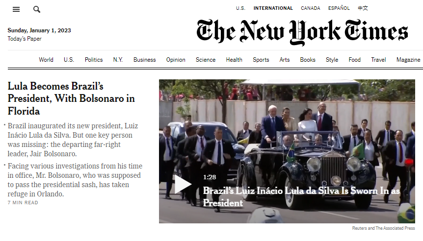 lolaescreva's tweet photo. Deu no New York Times: posse do Lula, com uma "pessoa-chave" faltando -- "com várias investigações de seu período na presidência, Mr. Bolsonaro, q deveria ter passado a faixa, se refugiou em Orlando". A imprensa internacional diz o q a nacional ñ diz: o Capetão FUGIU! https://t.co/9BEvRGz31y