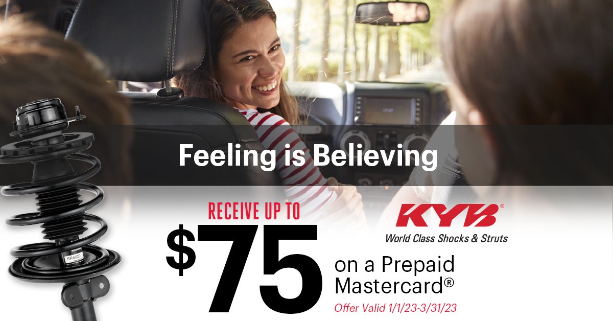 Don't miss out! Receive a $75 Prepaid Mastercard with qualifying purchases of KYB shocks, struts or complete assemblies. bit.ly/3ImGN8m