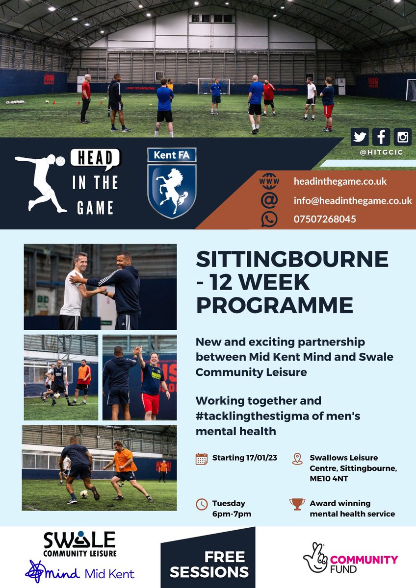 First @HITGCIC session of the #NewYear is #sittingbourne in #swale In partnership with <a href="/SwaleLeisure/">Swale Leisure</a> <a href="/KentFA/">Kent FA ⚽</a> &amp; <a href="/MidKentMind/">Mid Kent Mind</a> Starting on 17/1/23 - Sign up here: headinthegame.co.uk/football-sessi… ⚽️ #mentalhealth #football #exercise #wellbeing #SuicidePrevention #talking