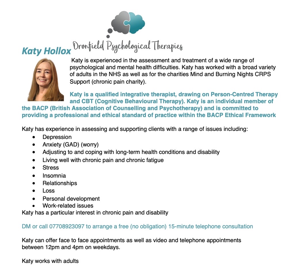 DronfieldPT's tweet photo. Our wonderful Counsellor Katy has availability for face-to-face appointments during weekday afternoons. DM or βοΈ07708923097 for details. #PrivatePsychotherapy #counselling #dronfield #chesterfield #sheffield #unstone #CoalAston #bradway #totley #dore #fulwood #ecclesall #barlow https://t.co/TUAOqhy1Zy