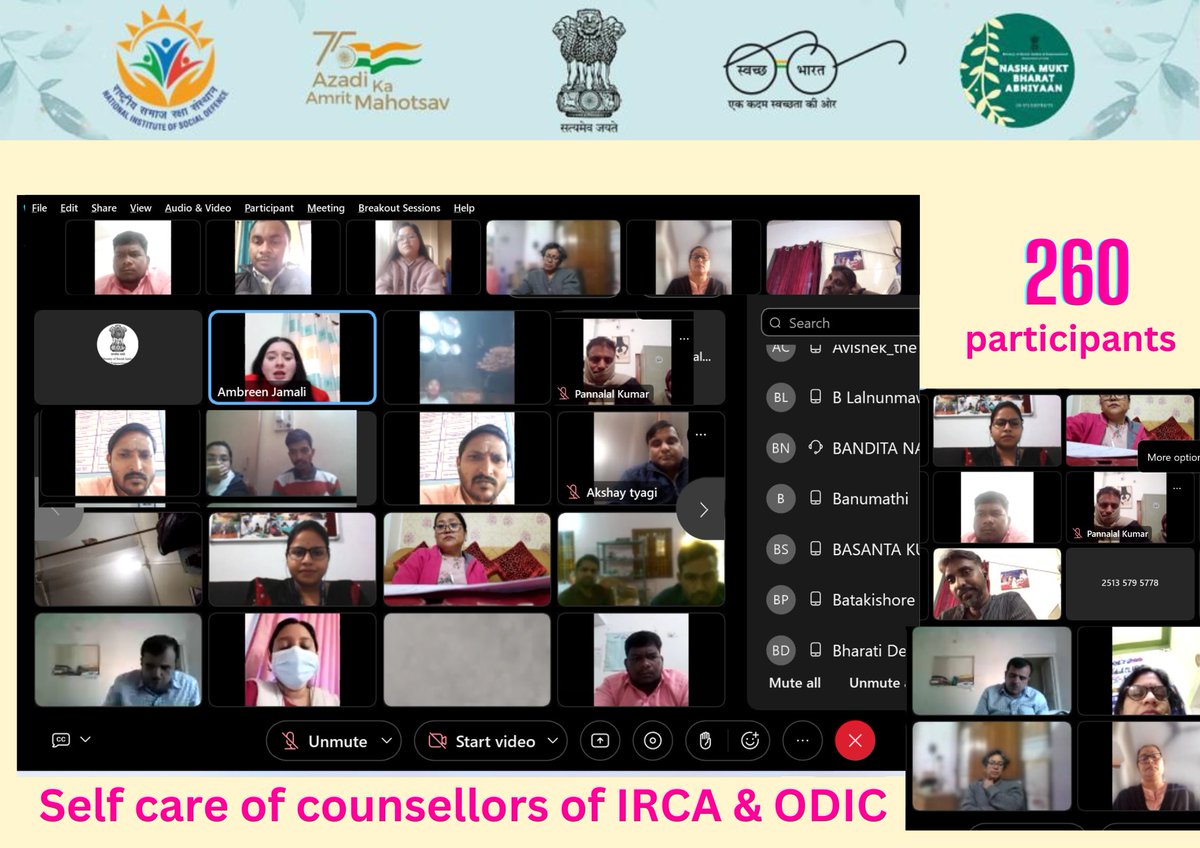 NISD_India's tweet photo. Over 260 participants, including #counsellors of Integrated #Rehabilitation Centres for #Addicts &amp; Outreach &amp; Drop-In Centres, attended the #webinar on "Self-care of #counsellors of #IRCA &amp; #ODIC" on #December30. Asst. Prof. Ambreen Jamali (Central University of #Himachal)...cntd https://t.co/BYsT0F3sZJ
