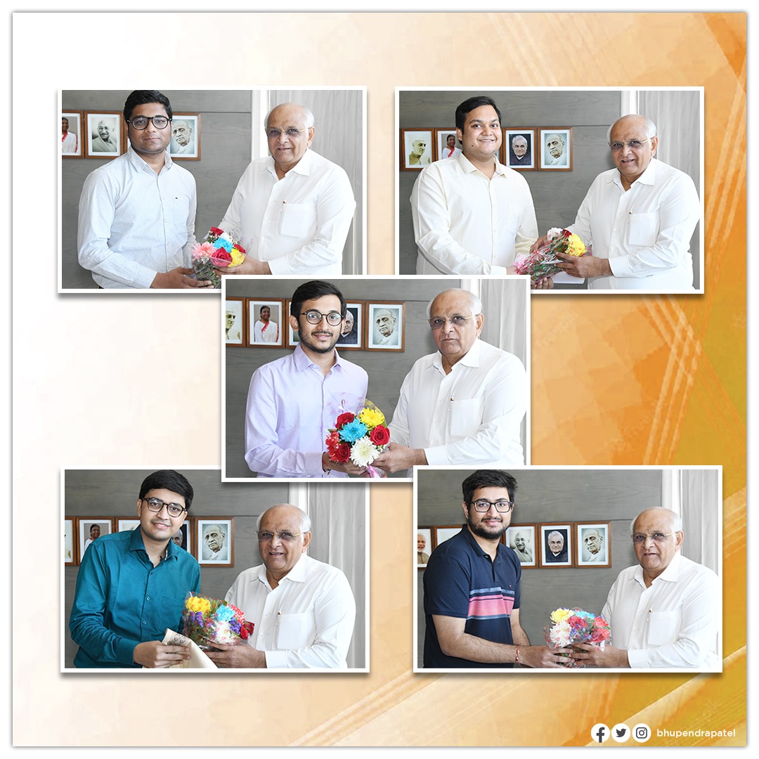 Bhupendrapbjp's tweet photo. રાષ્ટ્રીય સ્તરની સ્પર્ધાત્મક પરીક્ષાઓમાં ગુજરાતના અનેક વિદ્યાર્થી ઉત્કૃષ્ટ દેખાવ કરી રહ્યા છે. IIM જેવી વિખ્યાત મેનેજમેન્ટ સંસ્થાઓમાં પ્રવેશ માટેની પરીક્ષા CAT માં ઉચ્ચ પર્સન્ટાઈલ સાથે ઉત્તીર્ણ થયેલ ગુજરાતના આવા પાંચ તેજસ્વી યુવાનો સાથે મુલાકાત કરી ઉજ્જવળ ભવિષ્યની શુભેચ્છા પાઠવી. https://t.co/bIn4yr65Pv
