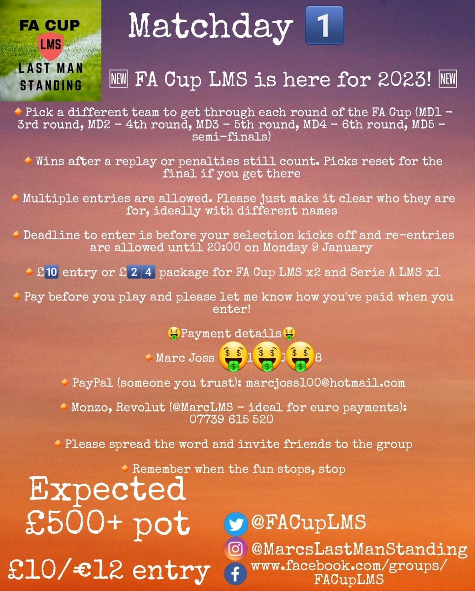 FACupLMS's tweet photo. 🔔#FACupLMS launch🔔
Matchday 1️⃣
🔸Choose one team to get through a 3rd round tie by 8pm on Monday 9 January
🔸£10/€12 entry
🔸£24 package for FA Cup LMS x2 plus @SerieALMS x1!
🔸Payment details in the first picture - pay before you play please!
🔗https://t.co/juByGjNM1n https://t.co/2VhbI3oiQ4