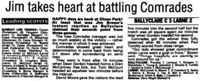 BclarComHistory's tweet photo. On this day in 1993 two goals from Dean Gordon and a goal from Paul Tumilty gave us a 3-2 win over Larne at Dixon Park in the Irish League https://t.co/VcJT3PEEXc