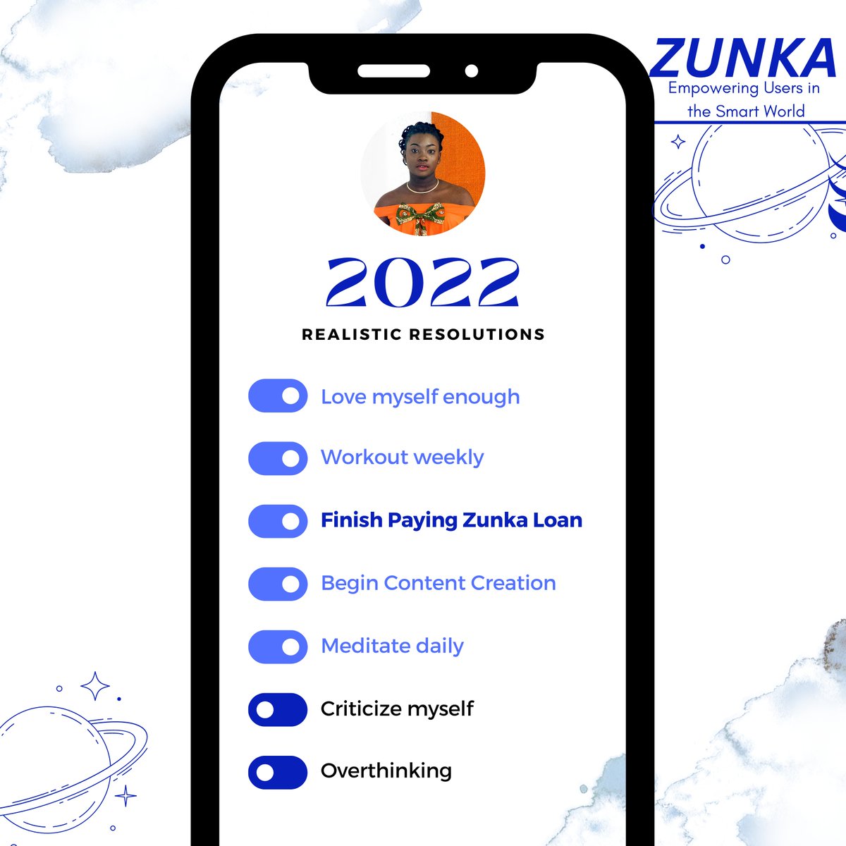 ZunkaApp's tweet image. New Year Resolutions!
What are your 2023 Resolutions?
Here's a simple idea.
#Zunka is dedicated to empowering lives in the Smart World.
Have a great 2023.
You can start with getting a SmartPhone with Zunka.
Hilton Kalonzo Kaleidoscope