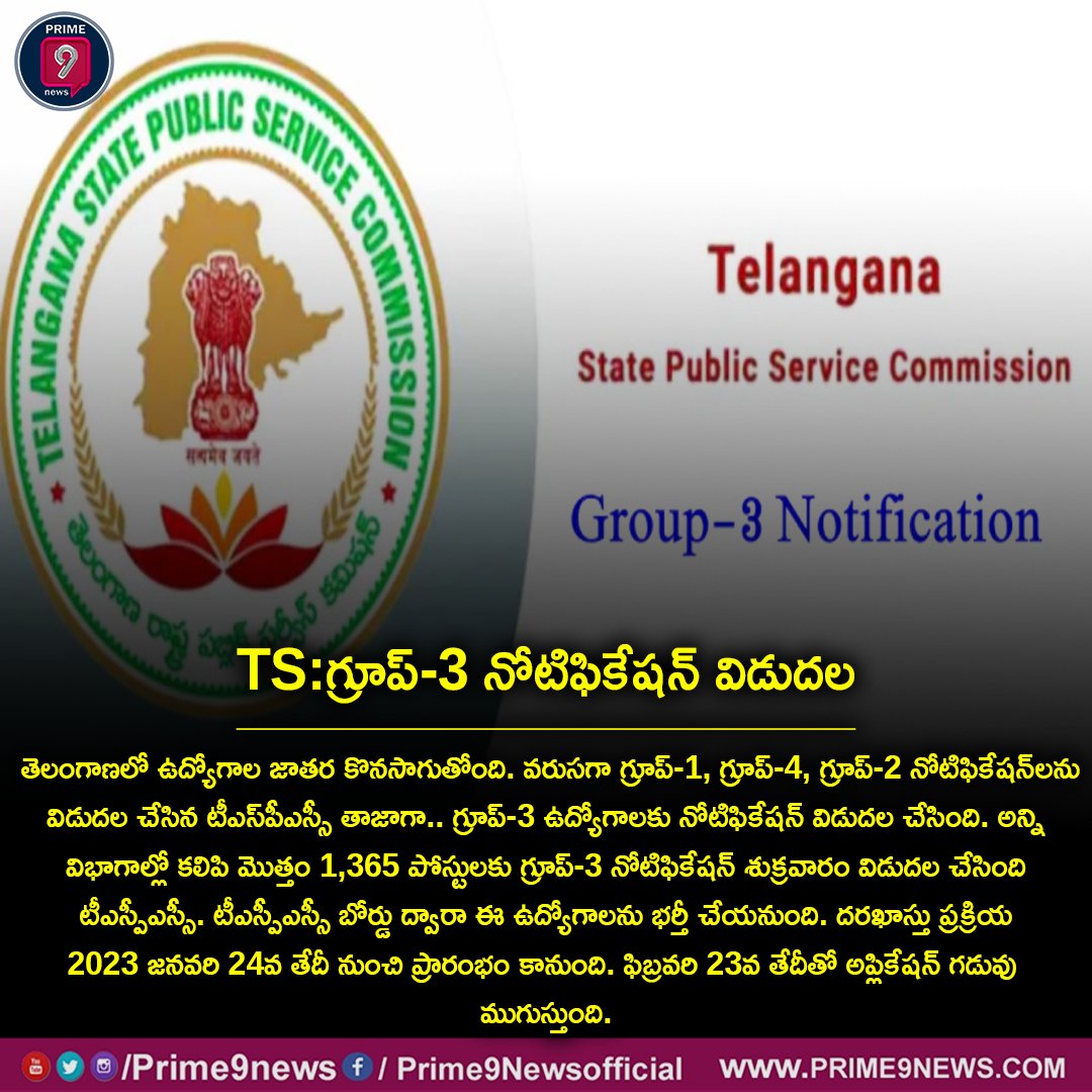 prime9news's tweet photo. తెలంగాణలో ఉద్యోగాల జాతర కొనసాగుతోంది. గ్రూప్-3 ఉద్యోగాలకు నోటిఫికేషన్ విడుదల చేసింది. అన్ని విభాగాల్లో కలిపి మొత్తం 1,365 పోస్టులకు గ్రూప్-3 నోటిఫికేషన్ శుక్రవారం విడుదల చేసింది టీఎస్పీఎస్సీ.
#Group3 #NotificationReleased #1365jobs #Telangana #Prime9News https://t.co/20yu23Qm2D