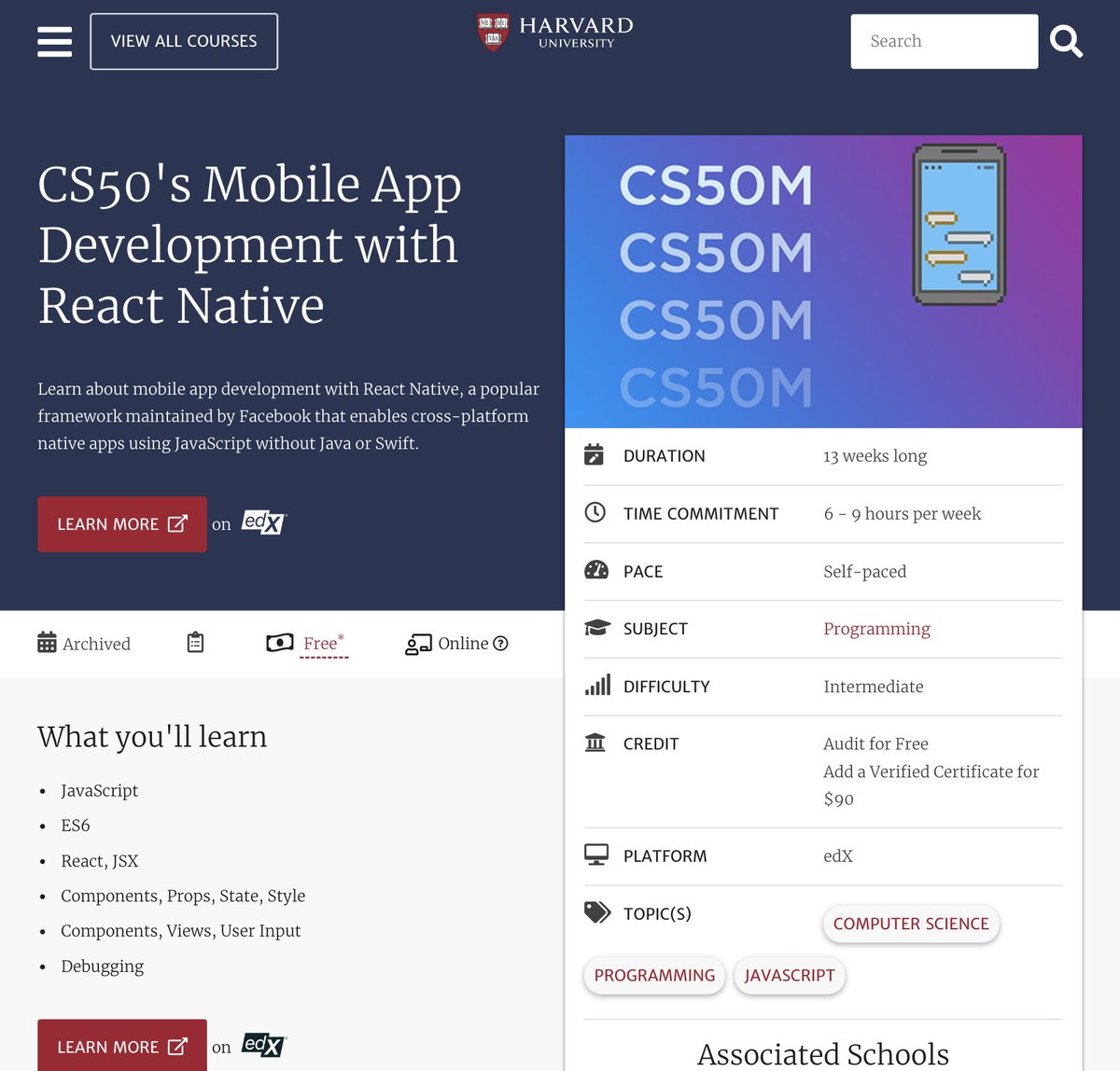 NikkiSiapno's tweet image. 5. Mobile App Development with React Native
Almost every company has a mobile app which means this is another high-demand field.
You'll learn all the fundamentals of app development with this course.
👉 pll.harvard.edu/course/cs50s-m…