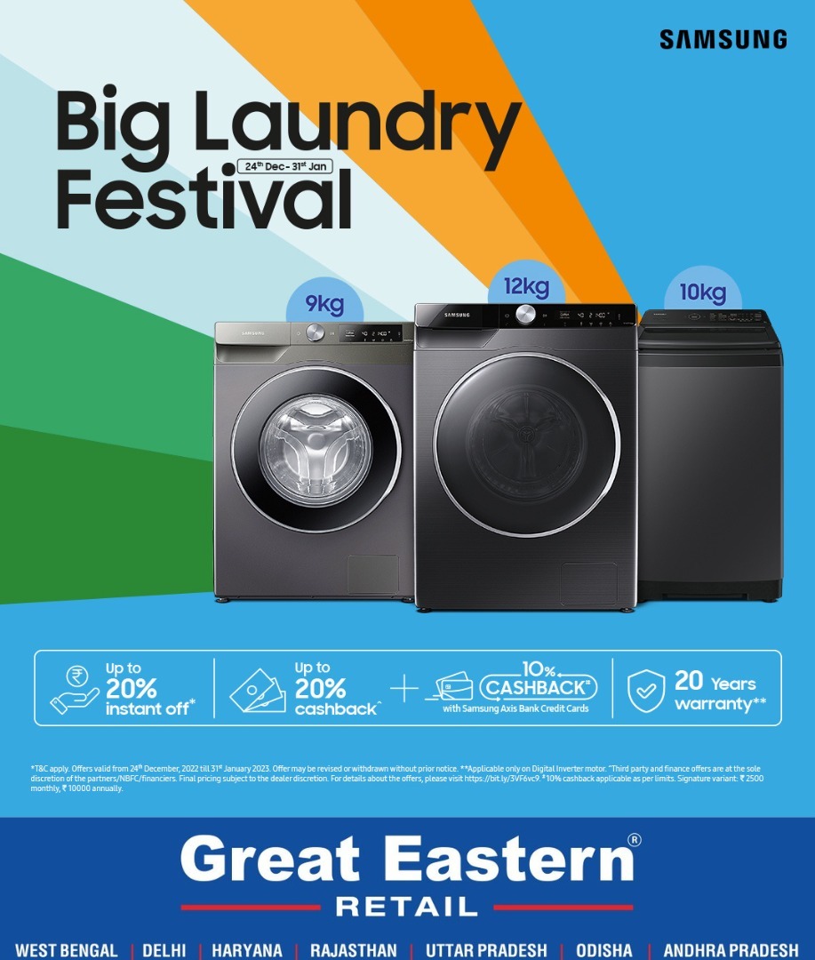 Samsung's Big Laundry Festival is live from 24th Dec - 31st Jan . Bring home a Samsung Washing Machine at an amazing deal! Shop now and get up to 20% additional cashback.
Visit our nearest stores OR
Shop online at: greateasternretail.com

#Samsung #washingmachine
