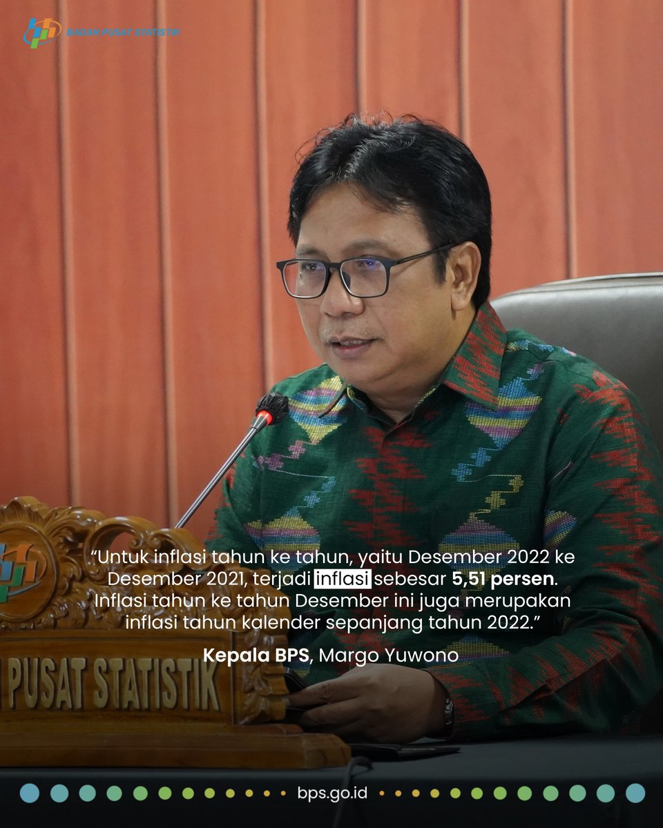 bps_statistics's tweet photo. Awal Tahun, BPS Umumkan Inflasi Sebesar 5,51%

“Di hari kerja pertama ini, BPS mengumumkan beberapa indikator strategis. Indikator ini dapat dijadikan landasan bagi pemerintah dan masyarakat, terutama dalam menghadapi tantangan di tahun 2023 ini,” ujar Kepala BPS, Margo Yuwono. https://t.co/Q7cwAhn4yU