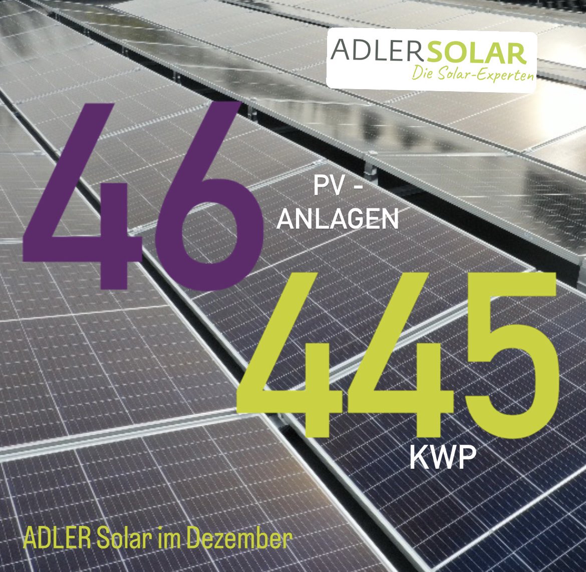 adlersolar's tweet photo. Mit dem neuen Jahr ist auch ein neuer #Monat da. Im zurückliegenden #Dezember haben wir #Solarexperten 46 neue PV-Anlagen fertiggestellt mit einer Leistung von 445 #kWp auf Eigenheimen und Gewerbedächern in #Bremen und #Niedersachsen

#Photovoltaik #PV #Solar #Energie #ADLERSolar https://t.co/TEjOUYgWnc