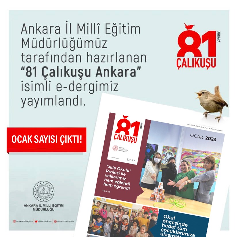 Ankara İl Millî Eğitim Müdürlüğümüz tarafından hazırlanan "81 Çalıkuşu Ankara" e-dergimizin ocak sayısı yayımlandı.
<a href="/tcmeb/">Millî Eğitim Bakanlığı</a> <a href="/AnkaraValiligi/">T.C. Ankara Valiliği</a> <a href="/vasipsahin/">Vasip Şahin</a> <a href="/Harunfatsa/">Harun Fatsa</a> 

🔗bit.ly/3WQT1dO 👈