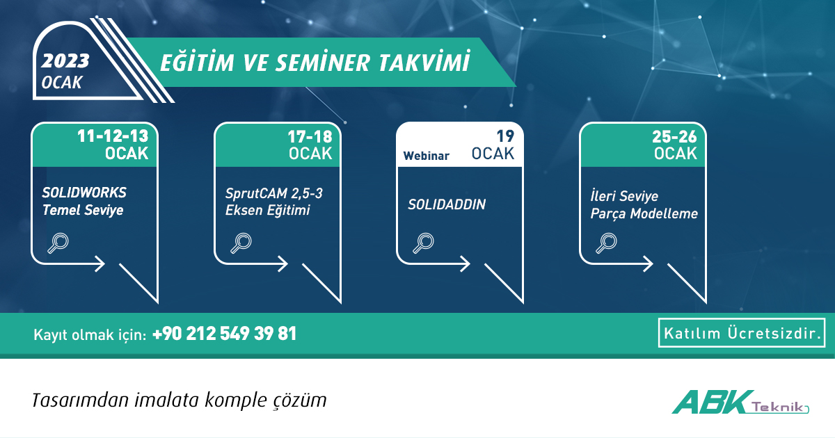 ABKTeknik's tweet photo. Ocak ayı eğitim ve seminer takvimimiz yayında! Hem temel bilgi seviyenizi geliştirmek hem de güncellemeler hakkında detaylı bilgi sahibi olmak için online eğitim ve seminerlerimize davetlisiniz.

#eğitim #mühendislik #engineering #cadcam #solidworks #abkteknik #eniyisiniyap https://t.co/SPdEJIiijE