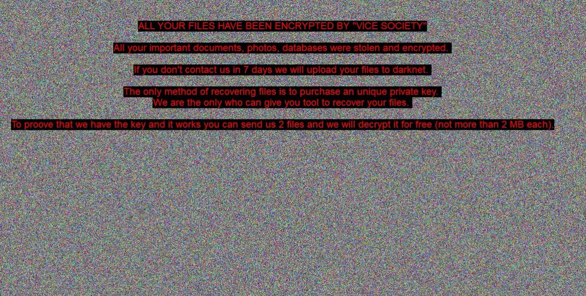 splinter_code's tweet photo. New #PolyVice #ViceSociety branded Ransomware sample uploaded on VT
Ext: .v1cesO0ciety
Ransom Note: AllYFilesAE!

https://t.co/iVOtQ1WJSQ https://t.co/H3hWzE9nCy