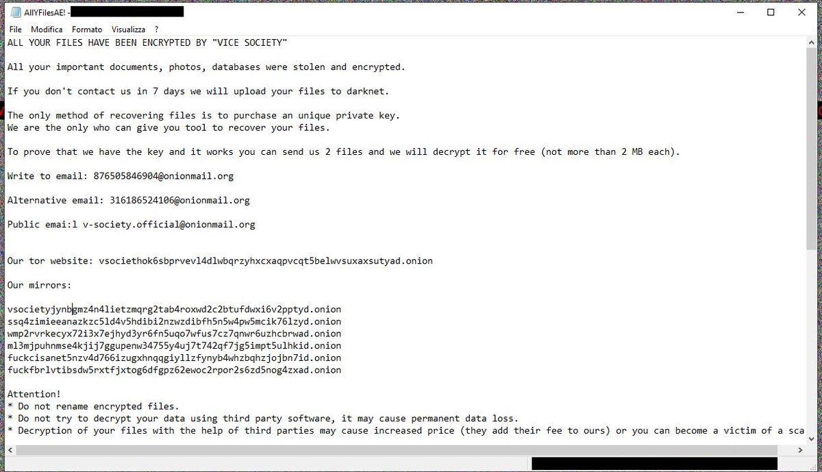 splinter_code's tweet photo. New #PolyVice #ViceSociety branded Ransomware sample uploaded on VT
Ext: .v1cesO0ciety
Ransom Note: AllYFilesAE!

https://t.co/iVOtQ1WJSQ https://t.co/H3hWzE9nCy