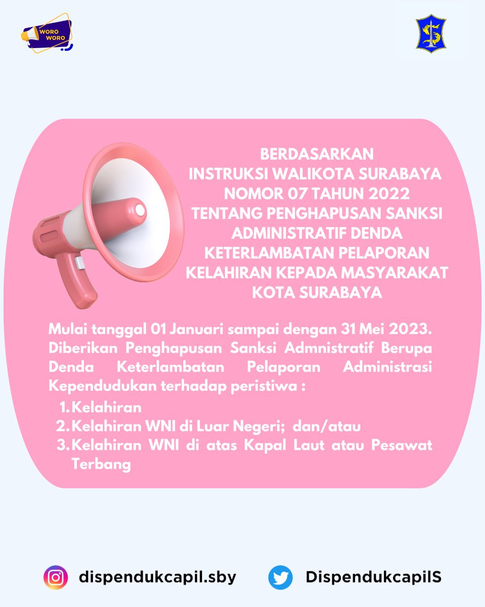 INFO : Selamat Siang Sobat Dukcapil, mimin ada kabar baik buat kalian yang ingin melakukan pengurusan akta kelahiran.

Pemkot Surabaya mulai 01 Januari - 31 Mei 2023 akan melakukan penghapusan sanksi administrasi Denda Keterlambatan Pelaporan Kelahiran.

#disdukcapilsurabaya