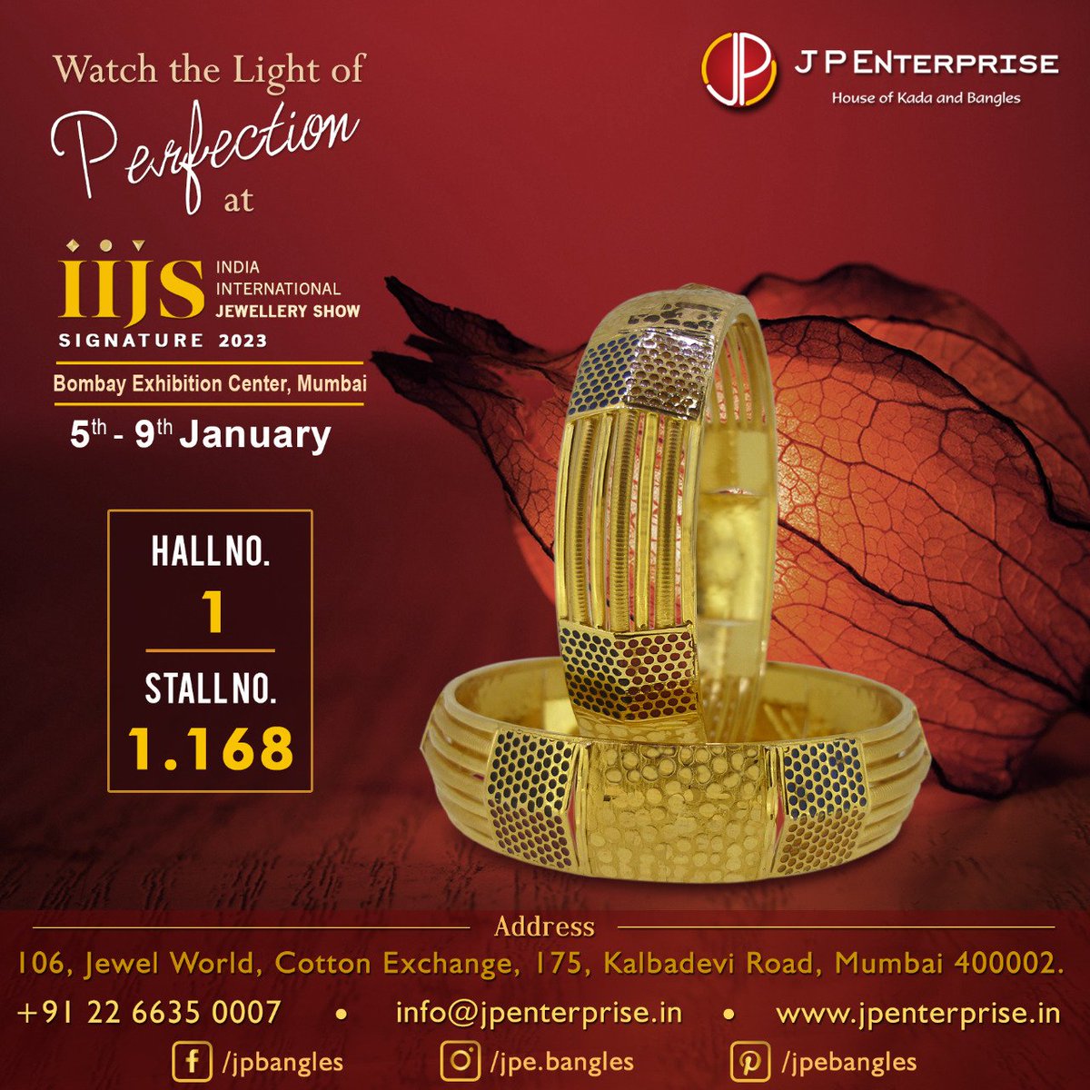 jpbangles's tweet photo. It feels a pleasure to invite you to #IIJSSignature2023 from 5th to 9th January at #BombayExhibitionCentre #Mumbai

Hall No. - 1 | Stall No. - 1.168

#iijssignature #goldbangles #mumbaijewellery #goldresellers #goldwholesaler #goldjewellery #goldbanglemanufacture #indianjewellery https://t.co/phPAMZa5JU