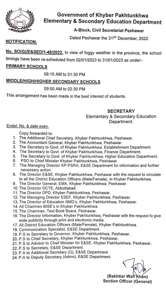 ARYNewsPoint's tweet photo. Official Notification of Revised School Timings due to foggy &amp; harsh weather  in the Schools of Khyber Pakhtunkhwa from 02-01-2023 to 31-01-2023  is shared for information of all concerned.  
#winter https://t.co/hGVcH45eL2