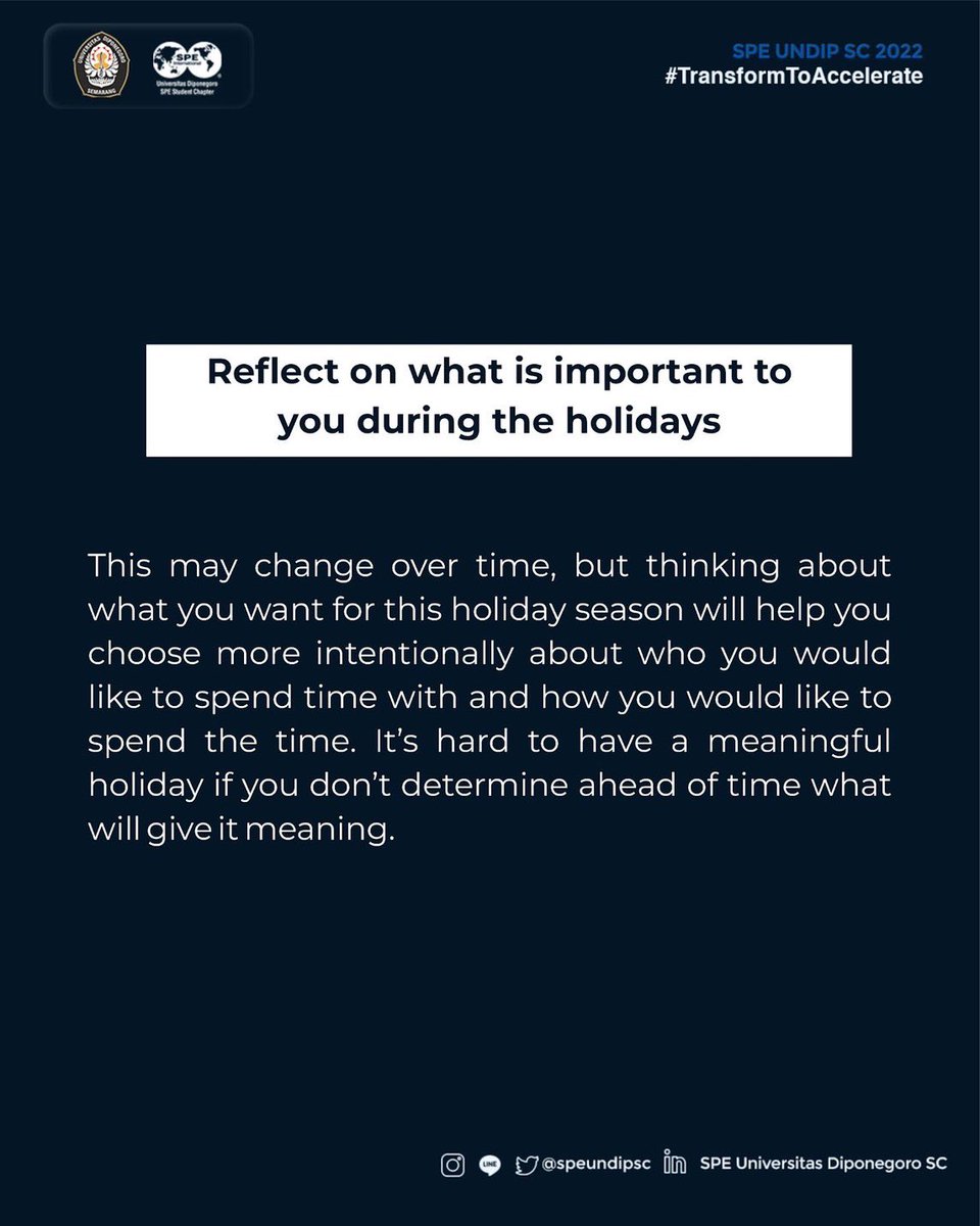speundipsc's tweet photo. [SPE LIFE PRO TIPS]

Your feelings about the holidays are very personal. They can cause us to feel happy, sad or ambivalent. No matter how you feel, the following tips can help you enjoy the holidays as much as possible.

#SPEUNDIPSC2022
#TransformToAccelerate https://t.co/Yi7D9CXiTM