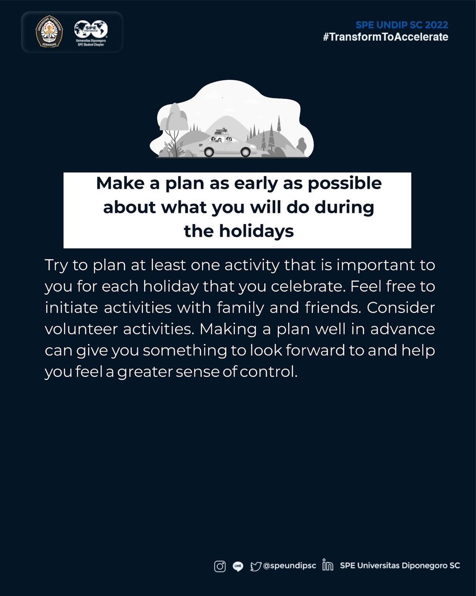 speundipsc's tweet photo. [SPE LIFE PRO TIPS]

Your feelings about the holidays are very personal. They can cause us to feel happy, sad or ambivalent. No matter how you feel, the following tips can help you enjoy the holidays as much as possible.

#SPEUNDIPSC2022
#TransformToAccelerate https://t.co/Yi7D9CXiTM