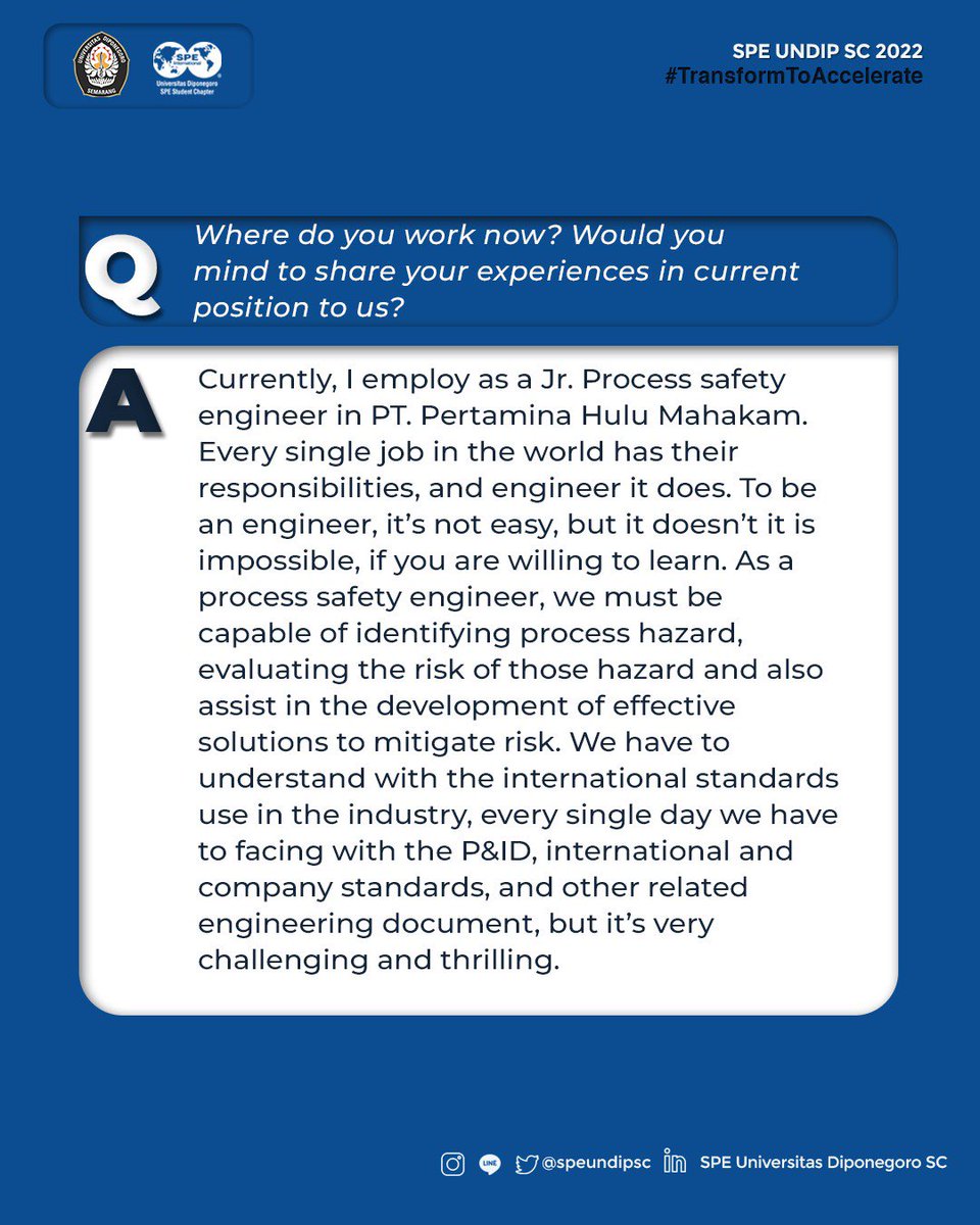 speundipsc's tweet photo. [Alumnae Profile: Ms. Niswatun Chasanah]

Ms. Niswatun Chasanah is an amazing woman who successively become Jr. Process Safety Engineer at PT Pertamina Hulu Mahakam. She was a student of Chemical Engineering Diponegoro University Batch 2017. https://t.co/HBl2zhBR90