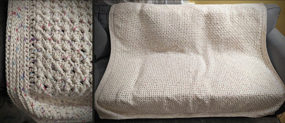 ShardeBurdine's tweet photo. Phew, done!
No pattern throw blanket, simple enough for beginners. This is just a corner-to-corner granny rectangle with Winding Road Crochet's (https://t.co/Cdgh0igK5O) camel stitch border. 

#crochet #yarn #blanket #handmade https://t.co/Bkee4D15He