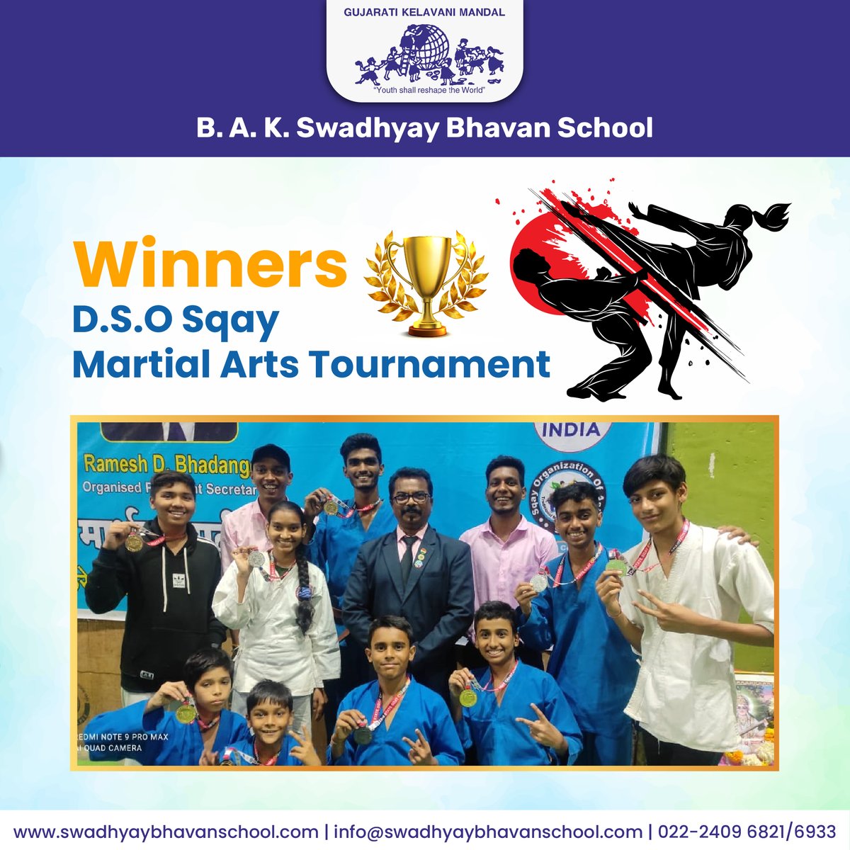 GkmSchools's tweet photo. #Congratulations to all the winners!

The students of B.A.K Swadhyay Bhavan participated in the D.S.O Sqay Martial Arts Tournament.

Gold Winners:

Dia Bafna (IX B) | Nishka Dedhia (IX A) | Dhruv Jain (Vl B) https://t.co/6qBda4gtFv