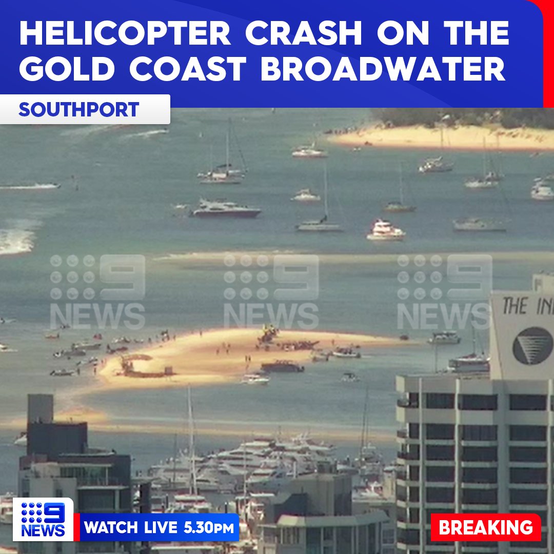 #BREAKING: Emergency services are responding after a helicopter crash on the Gold Coast Broadwater at Southport.

Three people are believed dead, with two more seriously injured.

More details to come. #9News https://t.co/Mmtw1ENscL