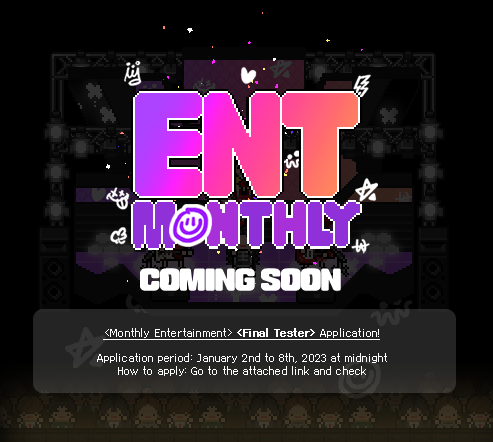 Monthly_idol's tweet photo. Monthly Entertainment Final Tester Recruitment

Period: From January 2nd to 8th, 2023 at midnight
Test period: From January 9, 2023~
How to apply: Please check the link attached below!

https://t.co/2GwT3z1I6C

If you have any questions, Plz mention it. https://t.co/RSBgfWd2I1