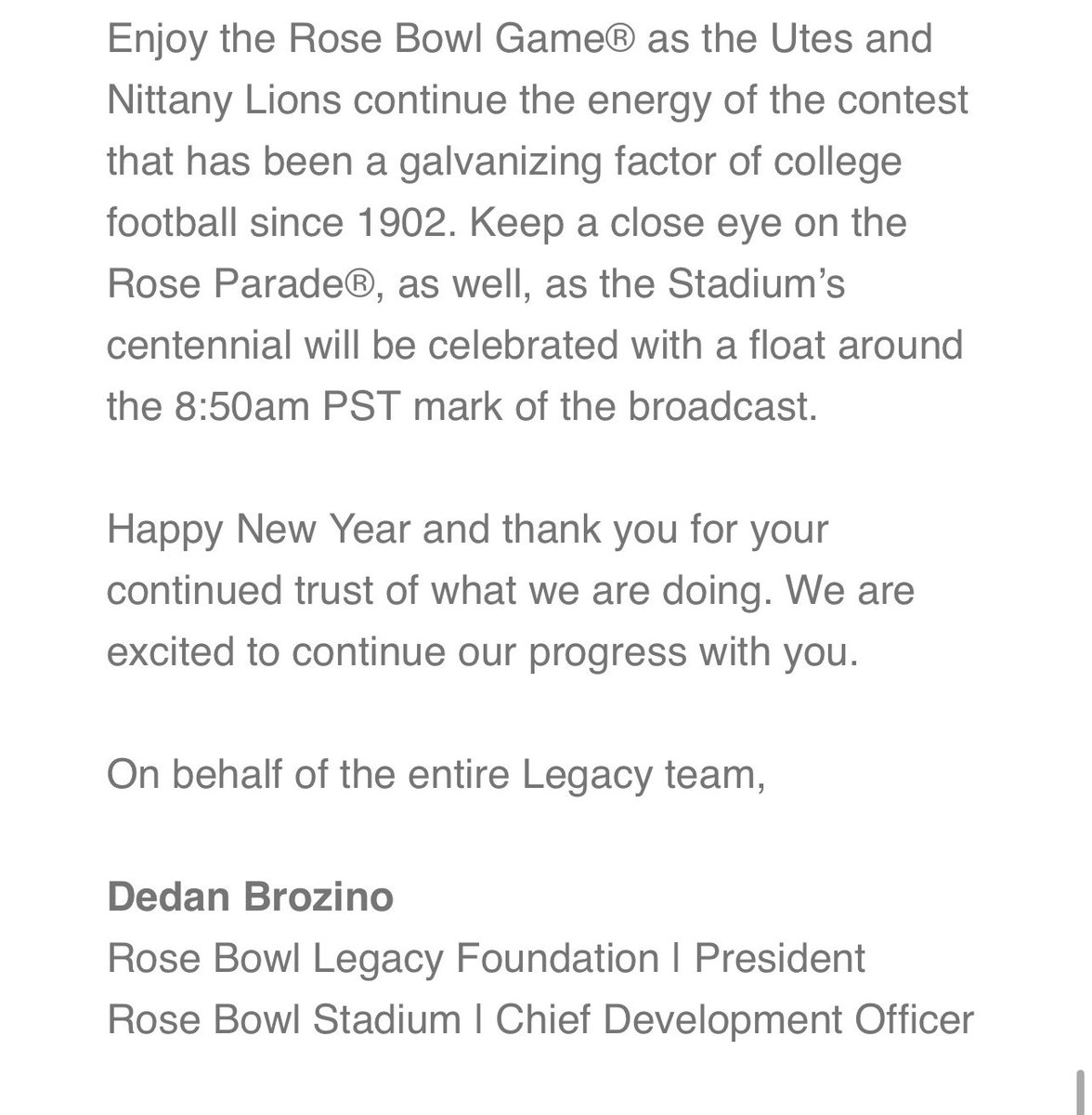 RoseBowlLegacy's tweet photo. A January message from Legacy’s President, @DedanBrozino https://t.co/6ONlJyQHuv