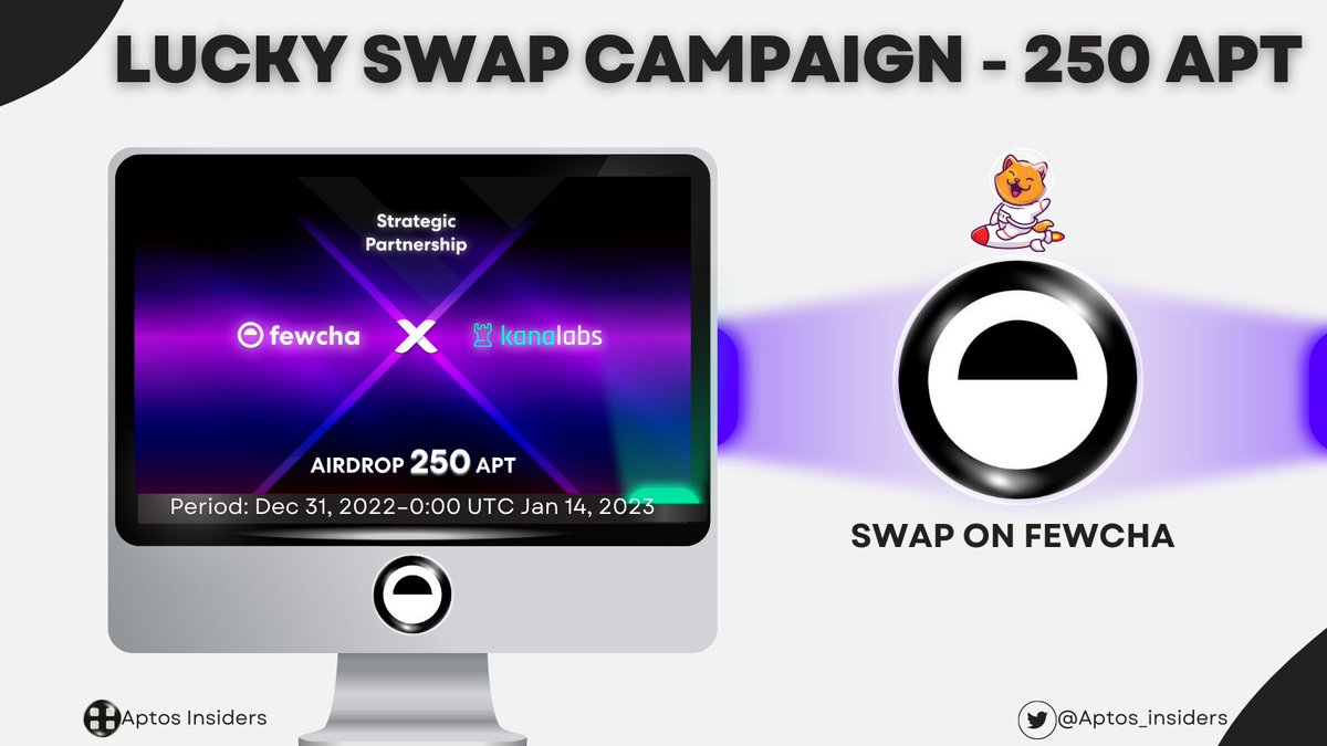 LUCKY SWAP <a href="/FewchaWallet/">Fewcha Move Wallet</a> x <a href="/kanalabs/">kanalabs</a>

To celebrate the strategic partnership, they AIRDROP 250 APT🙌

Instruction👇
1/ Complete all tasks of #Fewcha-KanaLabs “Lucky Swap” to win: fewcha.crew3.xyz

⏰Time: Dec 31, 2022 - Jan 14, 2023
🎁Reward: 250 $APT

#Aptos #Airdrop #APT