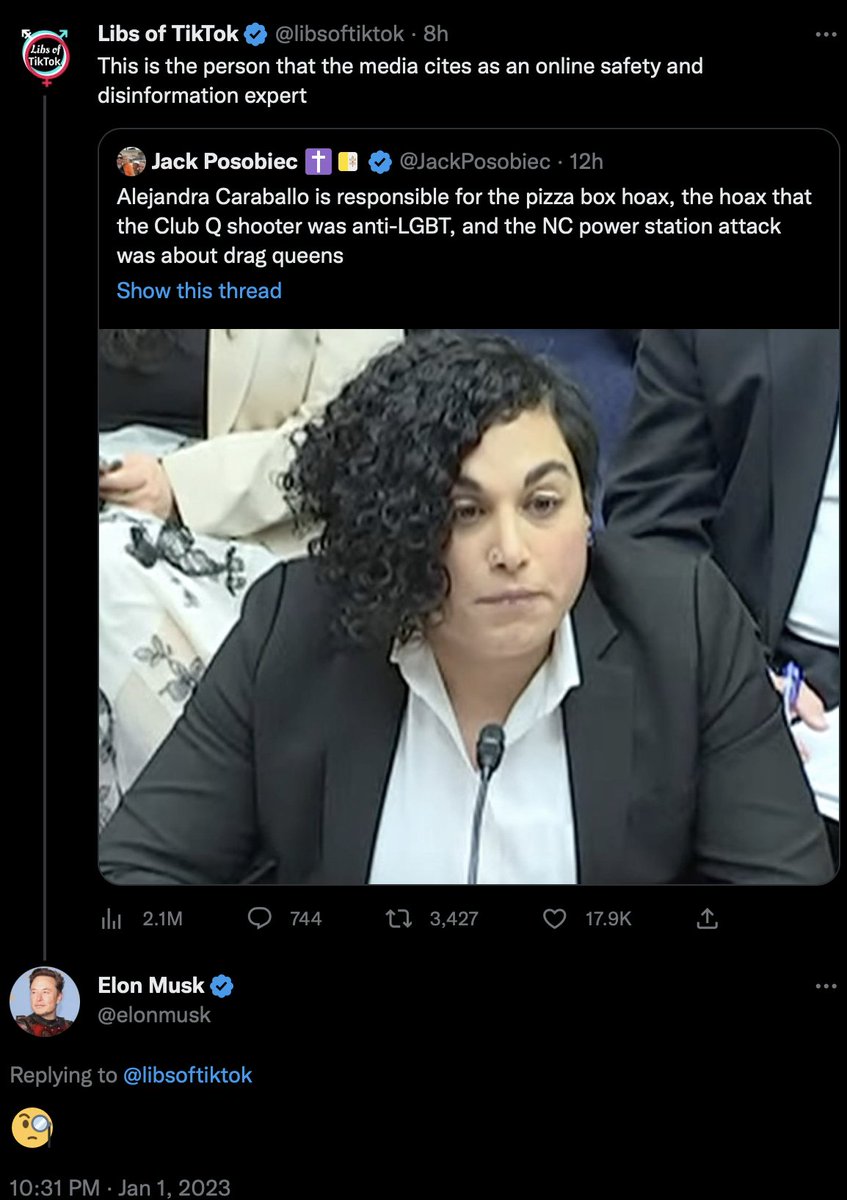 ErinInTheMorn's tweet photo. Elon Musk is a Libs of TikTok reply guy now.

Chaya Raichik has death threats against LGBTQ+ people in her replies on every tweet she makes.

66 times, her targets were attacked, most within 5 days of posting.

This platform supports that and advertisers should know. https://t.co/HbTURhGSty