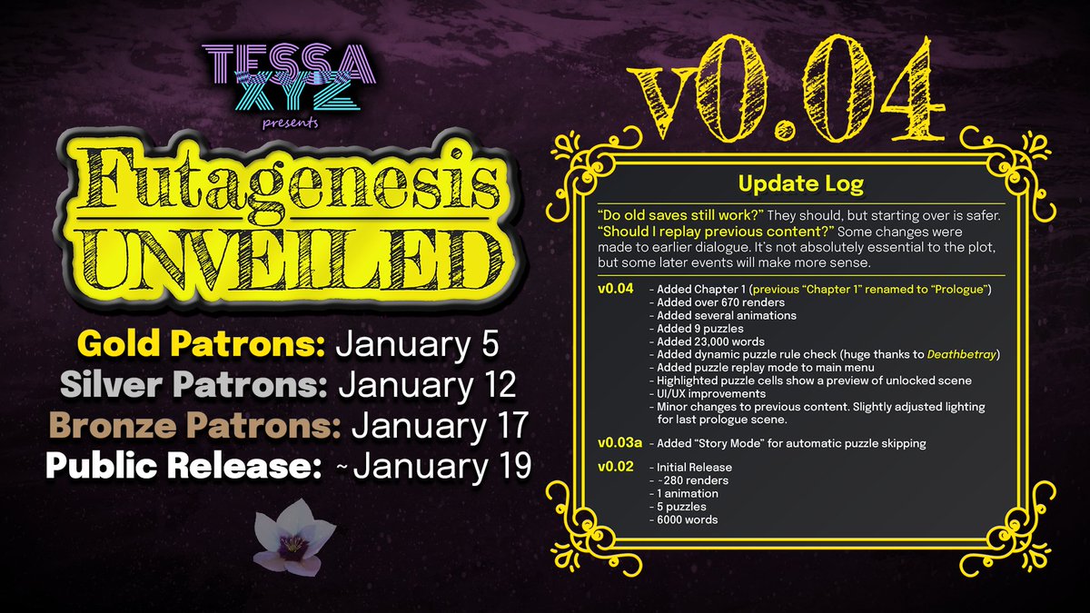 I am proud to finally announce the release dates for Futagenesis Unveiled v0.04! patreon.com/tessaxyz
#futanari #futa #dickgirl #3dx #FutagenesisUnveiled #visualnovel #nsfwgaming #lewdgames #adultgames