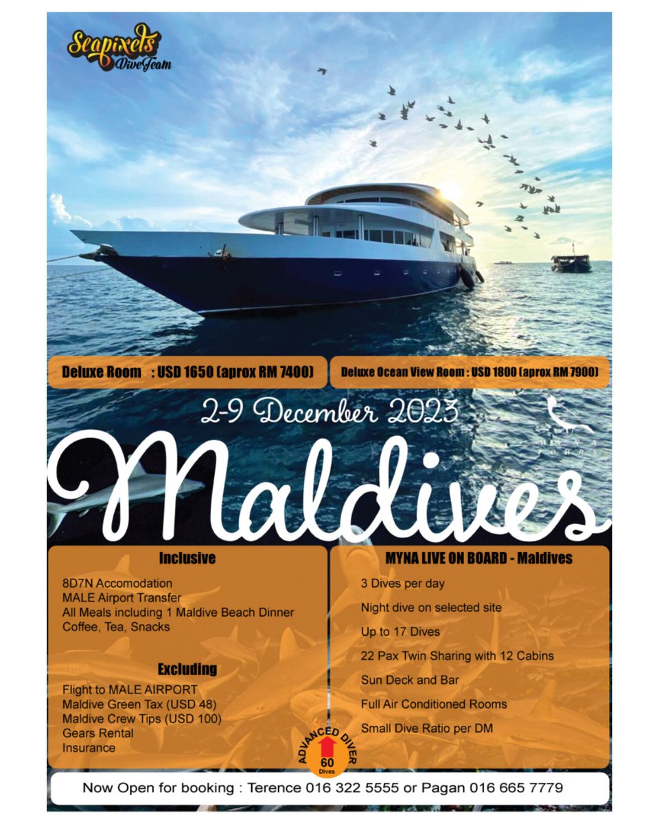 Seapixels's tweet image. Never too early to book for Maldives in December 2023! The dream trip of the year awaits! Book early to avoid disappointment! 

Join us for our dive trips or dive courses at any level! Contact us at wa.me/+60166657779 (Pagan) or wa.me/+60163225555 (Terence) 

#seapixels