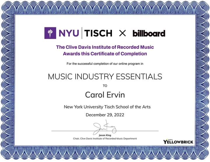 Praise God for helping through this... So glad to complete the Music Industry Essentials Course at NYU - Clive Davis Institute of Recorded Music. The more wisdom and knowledge you receive will carry you a long way in the Lord.  #ybgrad  <a href="/YellowbrickLrn/">Yellowbrick</a>