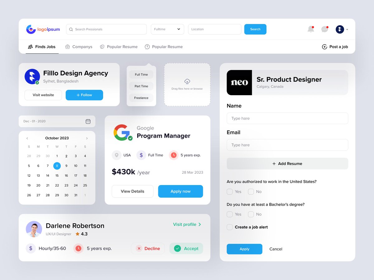 Job Portal - Component Design
.
Dribbble Link: dribbble.com/filllo 
.
Let's talk about your project
✉️ hello@filllo.com
. 
#designsystem #ui #ux #guideline #filllo #components #design #systemui #uidesigner #uiux #jobfinder #navigation #hiring #career #jobportal #jobboard #job