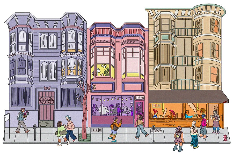 artbyjoycho's tweet photo. Happy New Year everyone! Here's the last illustration I created in 2022, called 'One warm night in San Francisco,' inspired by an evening at the Lower Haight neighborhood. 
#illustrator #editorialillustration #sanfrancisco #lowerhaight #bayareaillustrator #sf #illustration https://t.co/j8nxgyHPMN