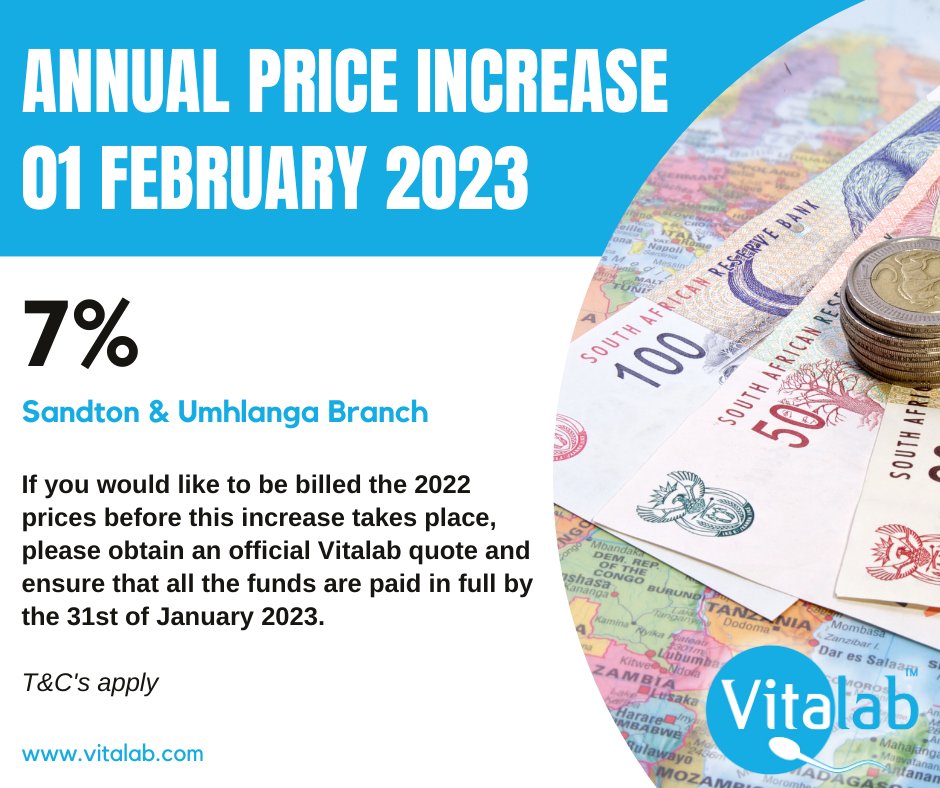 Please note that we will have our annual price increase by the 1 Feb 2023.
accounts@vitalab.com | 011 911 4700 – Sandton
dotc@vitalabkzn.com | 031 880 1700 – Umhlanga
#IVF #ICSI #infertility #fertility #fertilitytreatment #ivfsuccess #newyear #newyear2023
