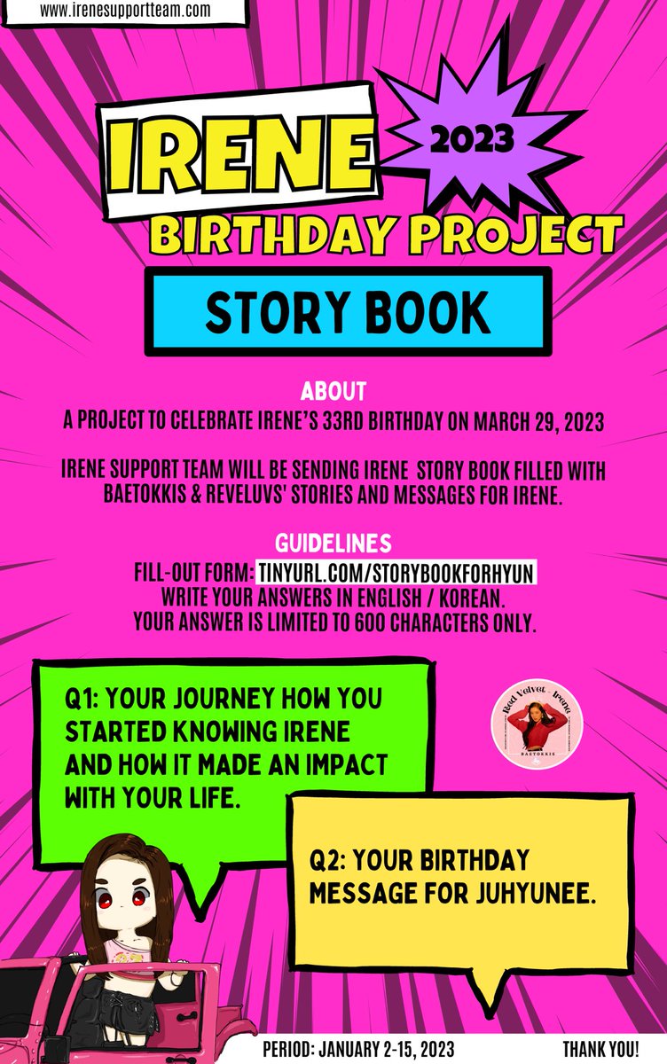 Baejoohyunews's tweet photo. [2023 #IRENE BIRTHDAY PROJECT]

Pt.2: Story Book

📕 In celebration of Juhyun’s 33rd bday, we will be sending her story book filled with luvies &amp; baetokkis’ stories. Check photo for guidelines. 💗

🗓01/02~15
📂https://t.co/22jRP6SM6J

🔗https://t.co/0Dez8ccJFp
#ISTProjects https://t.co/lwC7Hn3tAh