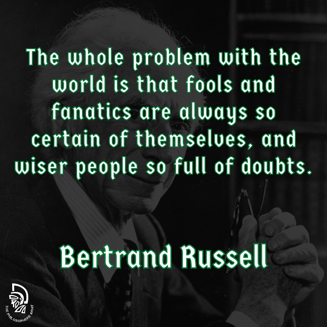 PhilosophyArmy's tweet photo. The more knowledge you gain, the more you question.

#PhilosophersArmy #BertrandRussell #Knowledge #Quote #Philosophy #Wisdom #Quote https://t.co/zWroG1K6SS